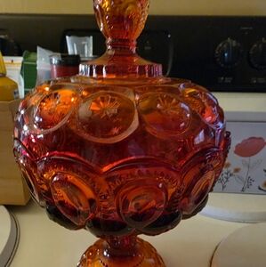 Vintage Glass Candy Dish with Lid - Red and Yellow